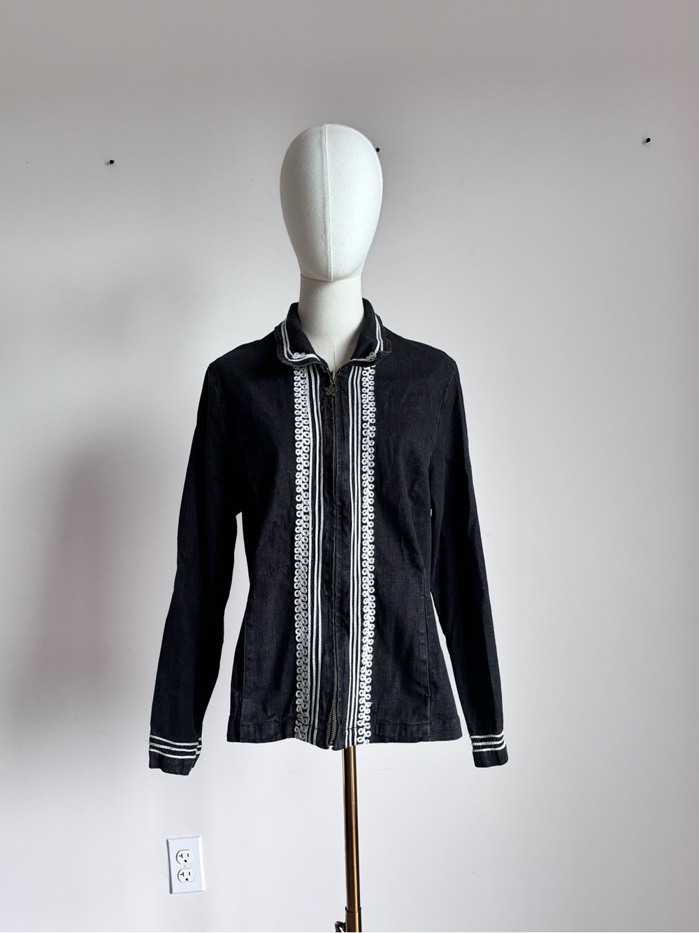 Graeff Black Denim Embroidered Zip Up Jacket Size Petite Medium